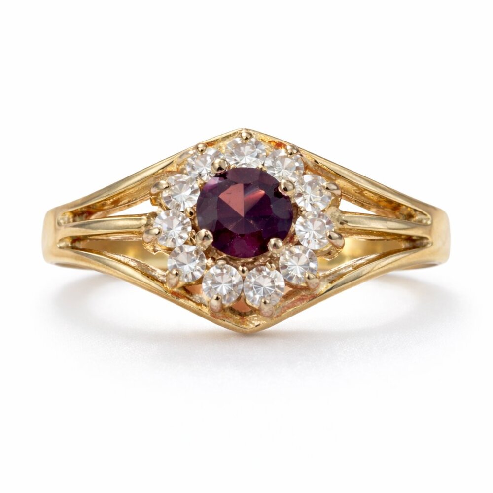 Gold Plated Ring with Purple Center Stone and Clear Crystal Accents